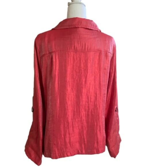 Elementz Blouse Jacket Shacket Orange Coral Shimmer Roll Tab Sleeves Large - Picture 7 of 13